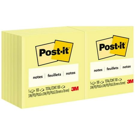 Post-It Notes, 3" x 3", Canary Yellow, 100 Notes/Pad, 12 Pads/Pack