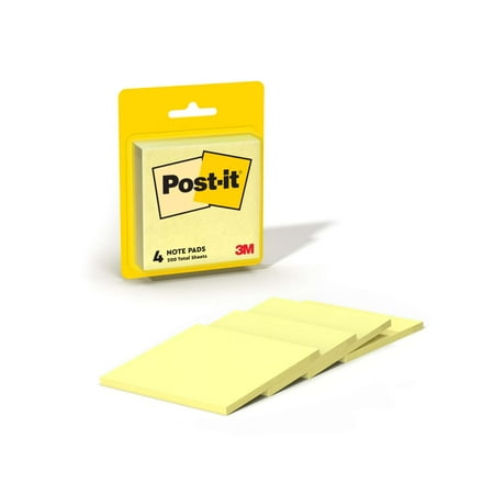 Post-it Notes, 3 in x 3 in, Canary Yellow, 4 Pads/Pack