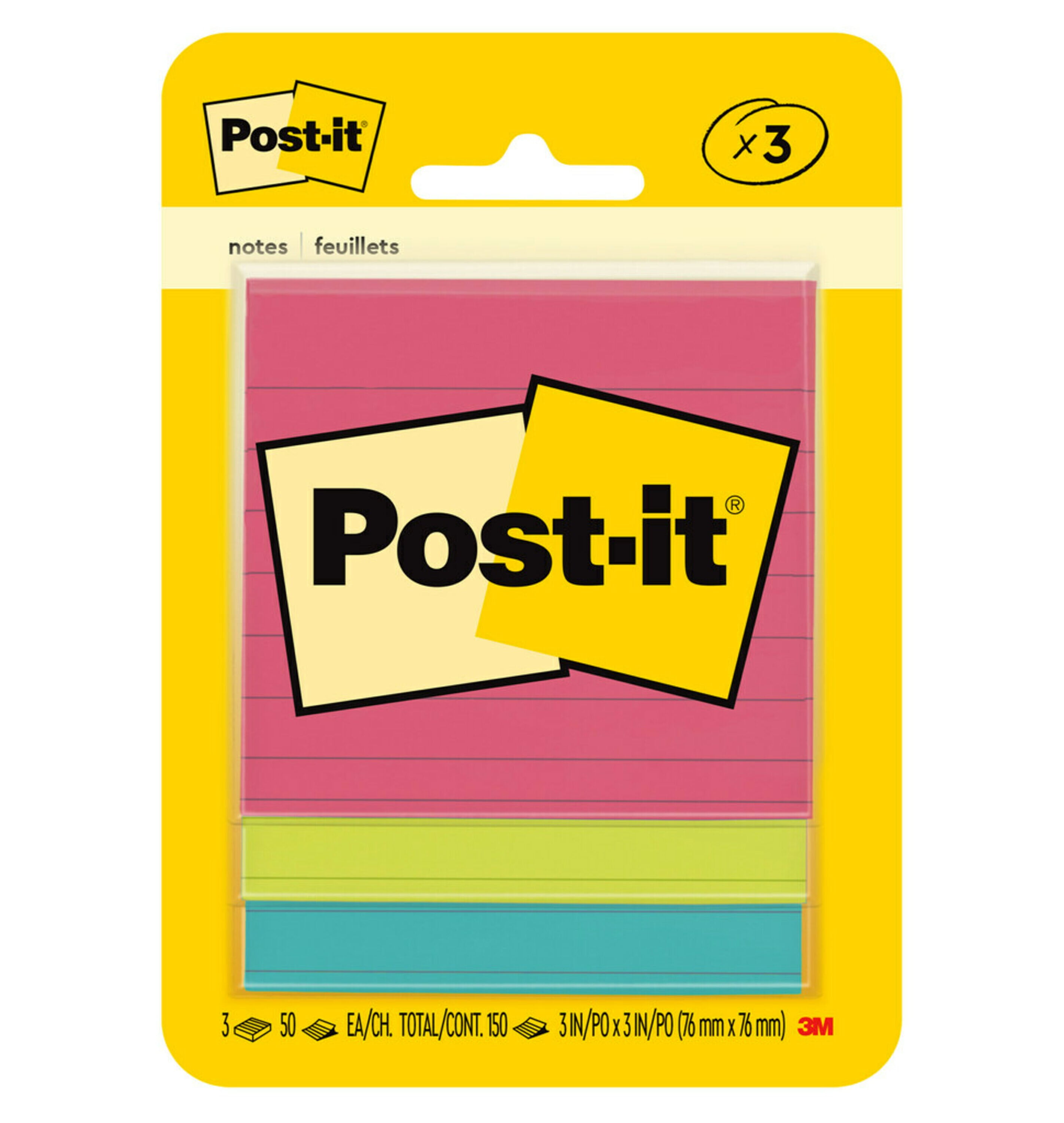 Postit Notes, 3 in x 3 in, Poptimistic, Lined, 3 Pads
