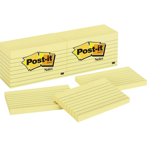 Post-it Notes, 3 in x 5 in, Canary Yellow, Lined, Canary Yellow, 12 / Pack (Quantity)