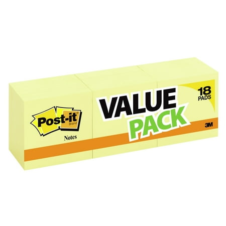 Post itÂ® Notes, 3" x 3", Canary Yellow, Pack Of 18 Pads