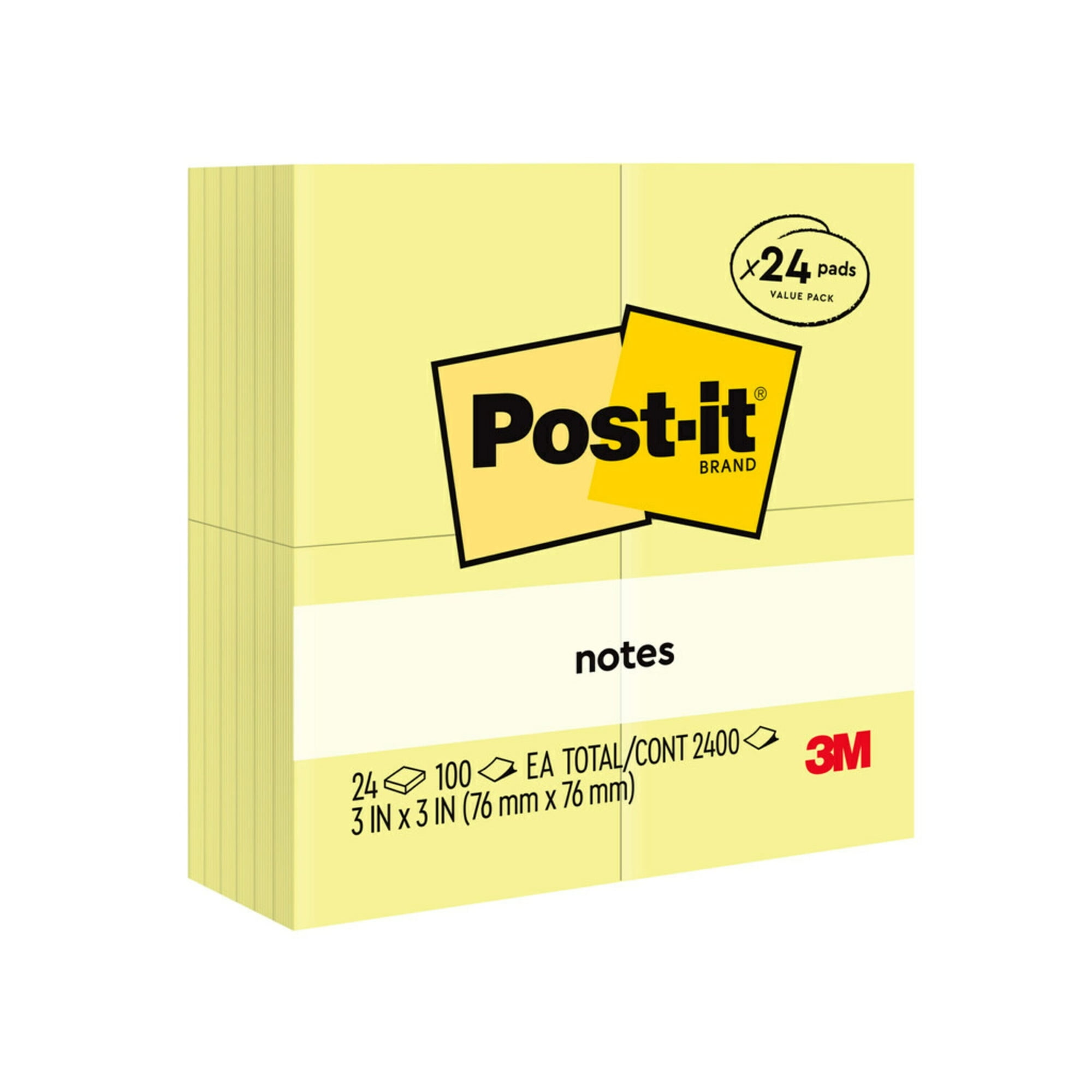 Post it Notes, 3" x 3", Canary Yellow, Pack Of 24 Pads