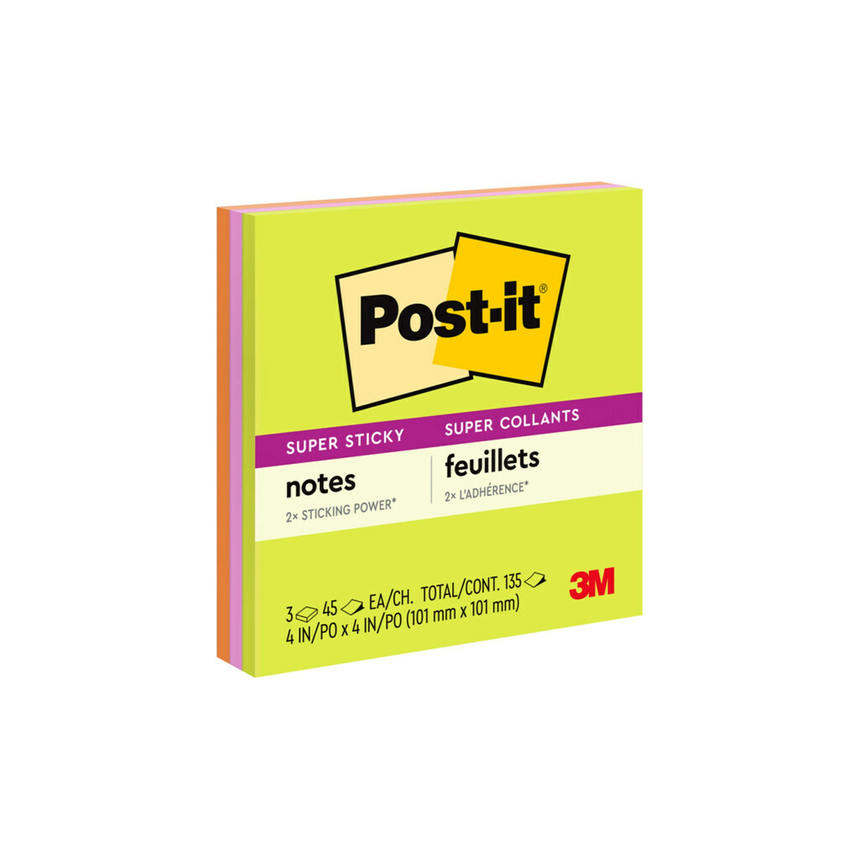 Post-it Super Sticky Notes, Lined, 4 in x 4 in, Assorted Brights, 3 Pads