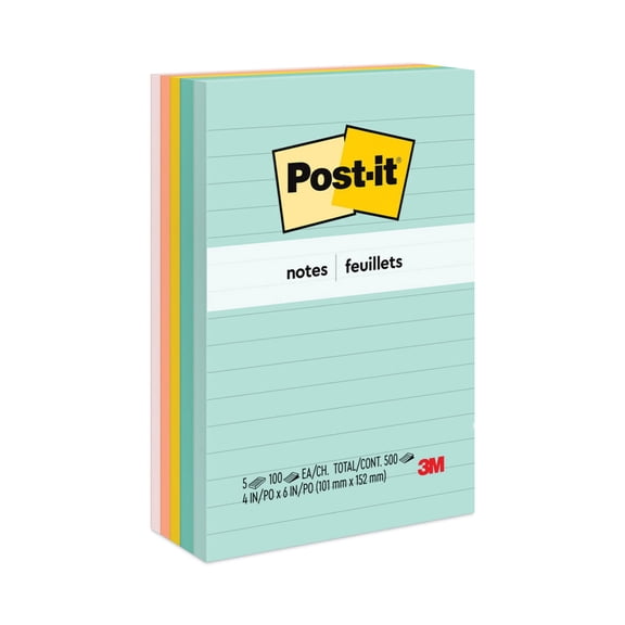 Post-it Original Pads in Beachside Cafe Collection Colors, Note Ruled, 4" x 6", 100 Sheets Per Pad, 5 Pads Per Pack