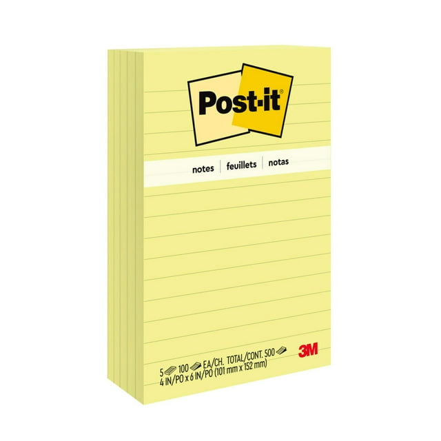 Post-it® Notes, 4 in. x 6 in., Canary Yellow, Lined, 5 Pads/Pack