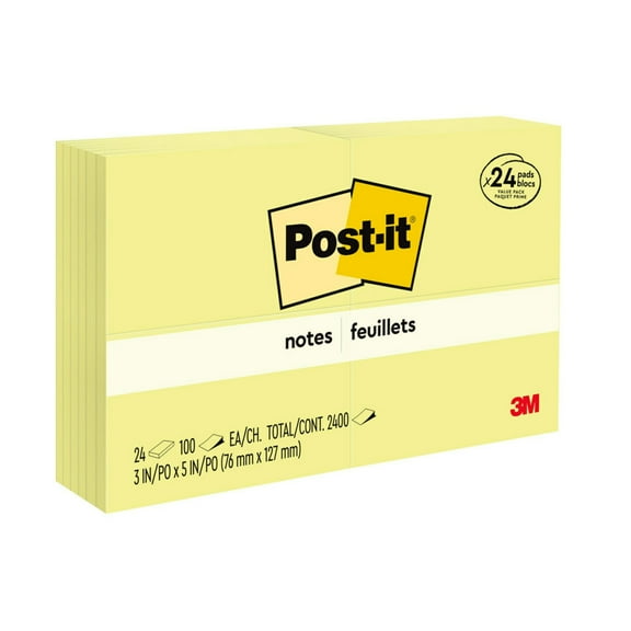 Post it Notes, 3" x 5", Canary Yellow, Pack Of 24 Pads