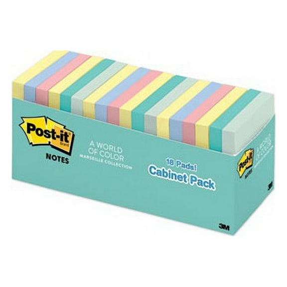 Post-it Notes Cabinet Pack Marseille - 3" x 3" - Square - 100 Sheets per Pad - Unruled - Assorted - Self-adhesive, Self-stick - 18 / Pack