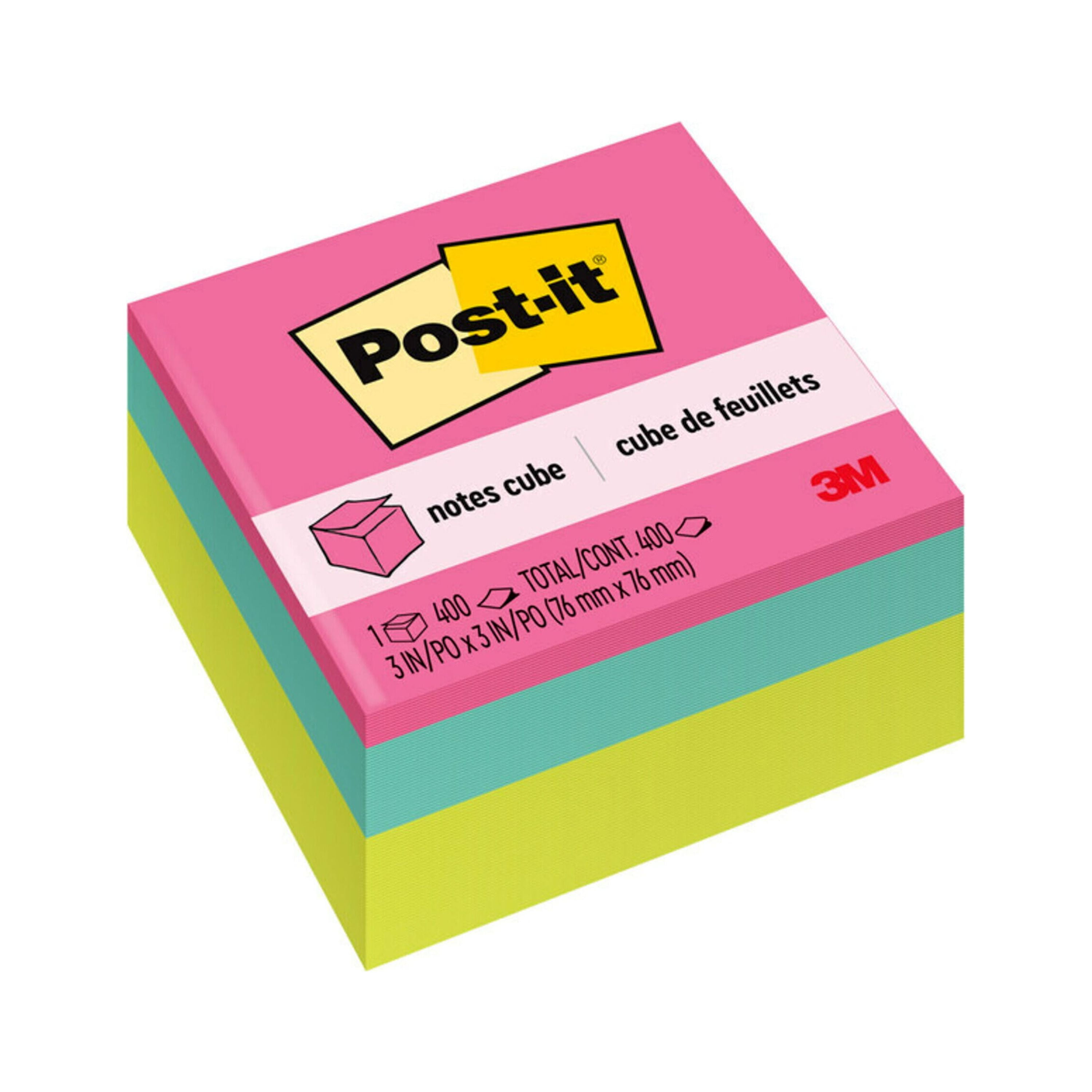 Post-it Notes Cube, 3 in. x 3 in., Bright colors, 400 Sheets, 1 Cube
