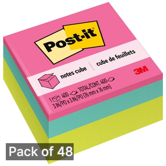 Post-it Notes Cube, 400 Total Notes, 3" x 3", Bright Colors (Pack of 48)