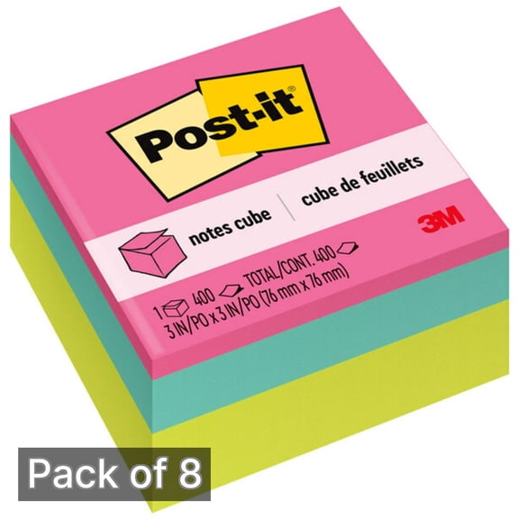 Post-it Notes Cube, 400 Total Notes, 3" x 3", Bright Colors (Pack of 8)