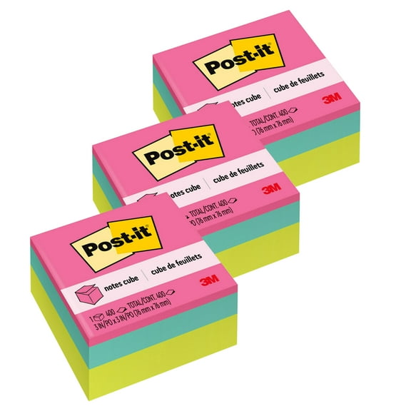 Post-it Notes Cube, Bright Colors, 3 in. x 3 in., 400 Sheets/Cube, Pack of 3