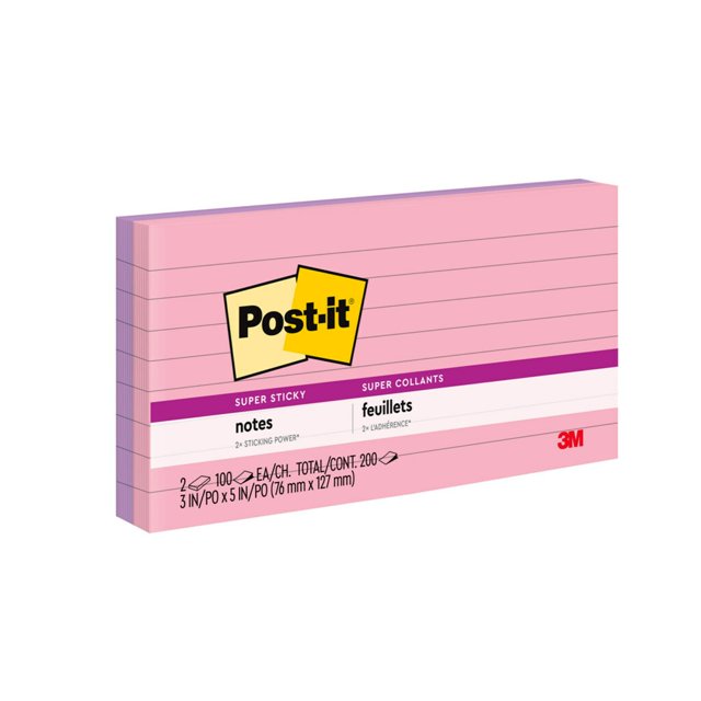 Postit Notes, Lined, 3 in x 5 in, Pink and Lilac, 2 Pads
