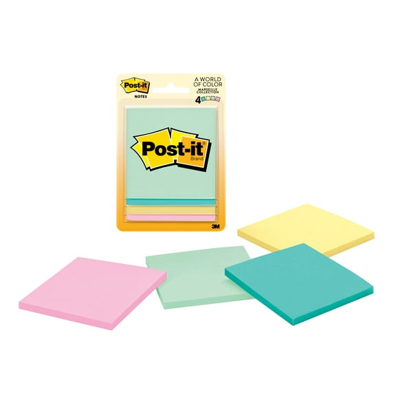 Post-it® Notes Original Notepads -Marseille Color Collection - 200 - 3" x 3" - Square - 50 Sheets per Pad - Unruled - Assorted - Paper - Self-adhesive - 4 / Pack | Bundle of 5