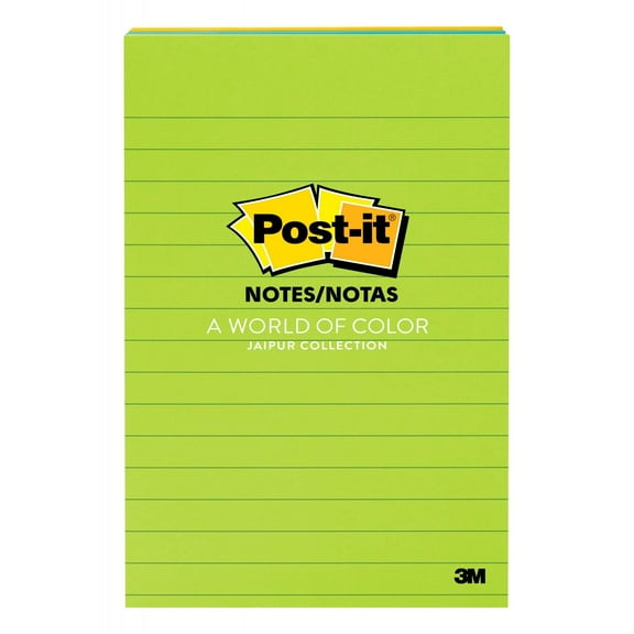 Post-it Notes Original Pads in Jaipur Colors, Lined, 4 x 6, 100-Sheet, 3/Pack -MMM6603AU