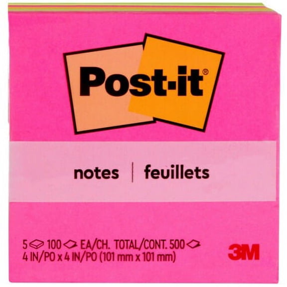 Post-it® Notes - Poptimistic Color Collection - 4" x 4" - Square - 100 Sheets per Pad - Fuchsia, Neon Green, Neon Orange - Repositionable, Self-adhesive - 5 / Pack | Bundle of 10 Packs