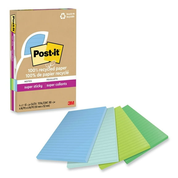 Post-it Notes Super Sticky 4621R-4SST 4 in. x 6 in. Ruled 100 Percent Recycled Paper Super Sticky Notes - Oasis (4-Pads/Pack)