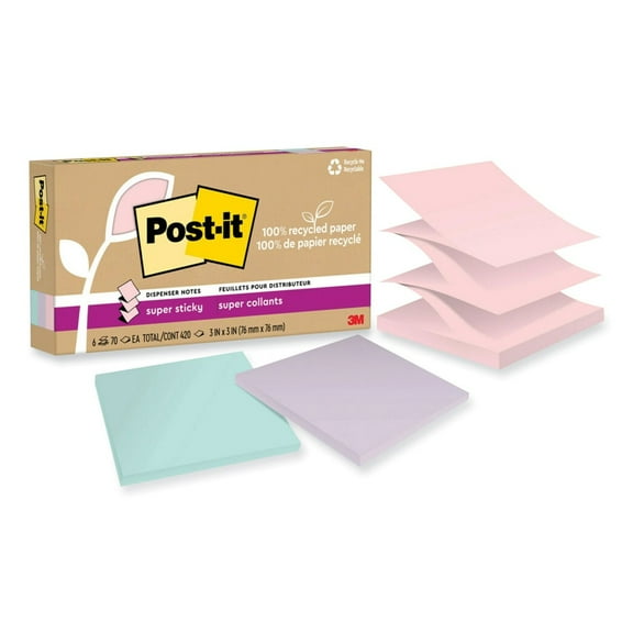 Post-it Notes Super Sticky R330R-6SSNRP 3 in. x 3 in. 100 Percent Recycled Paper Super Sticky Notes - Wanderlust Pastels (6-Pads/Pack)