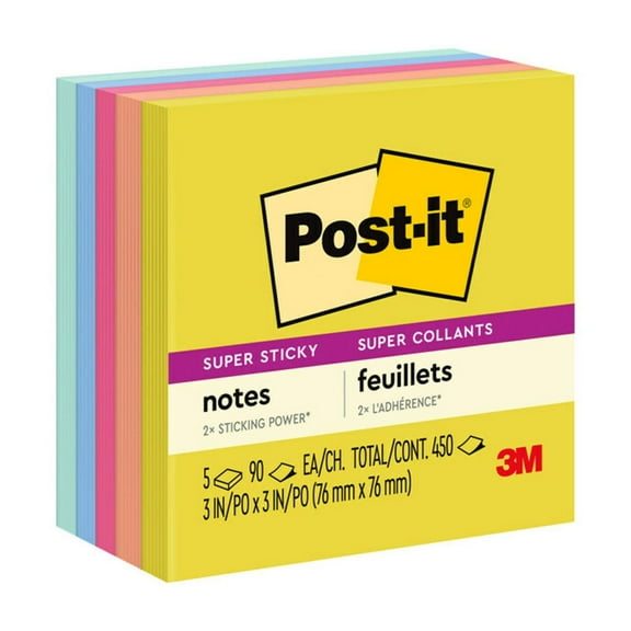 Post-it Super Sticky Notes, 3x3 in, Summer Joy Collection, Assorted Colors, 90 Sheets/Pad, 5 Pads/Pack