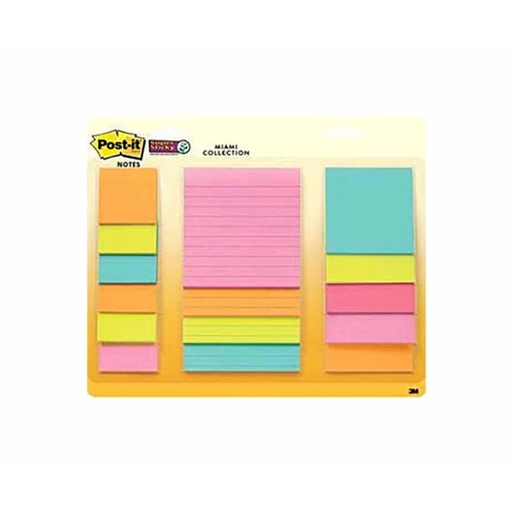 Post-it Notes Super Sticky Notes, 2" x 2", 3" x 3", 4" x 4", Multi Pack, Miami Colours (15 Pack)