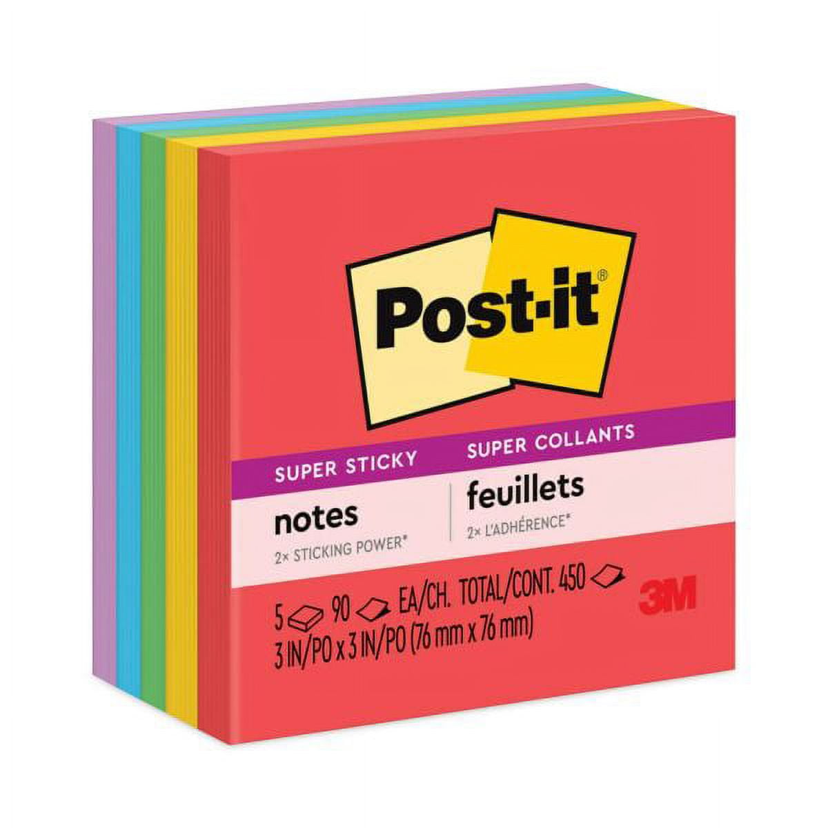 Post-it® Notes Super Sticky Pads in Playful Primary Collection Colors, 3 x  3, 90 Sheets/Pad, 5 Pads/Pack