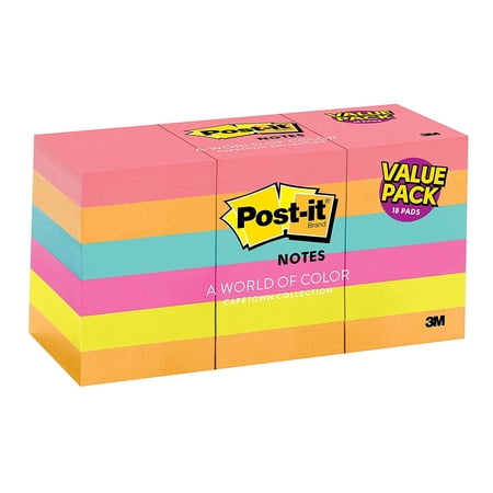 Post-it Notes, 1 3/8" x 1 7/8", Cape Town Collection, 18 Pads, 100 Sheets Per Pad