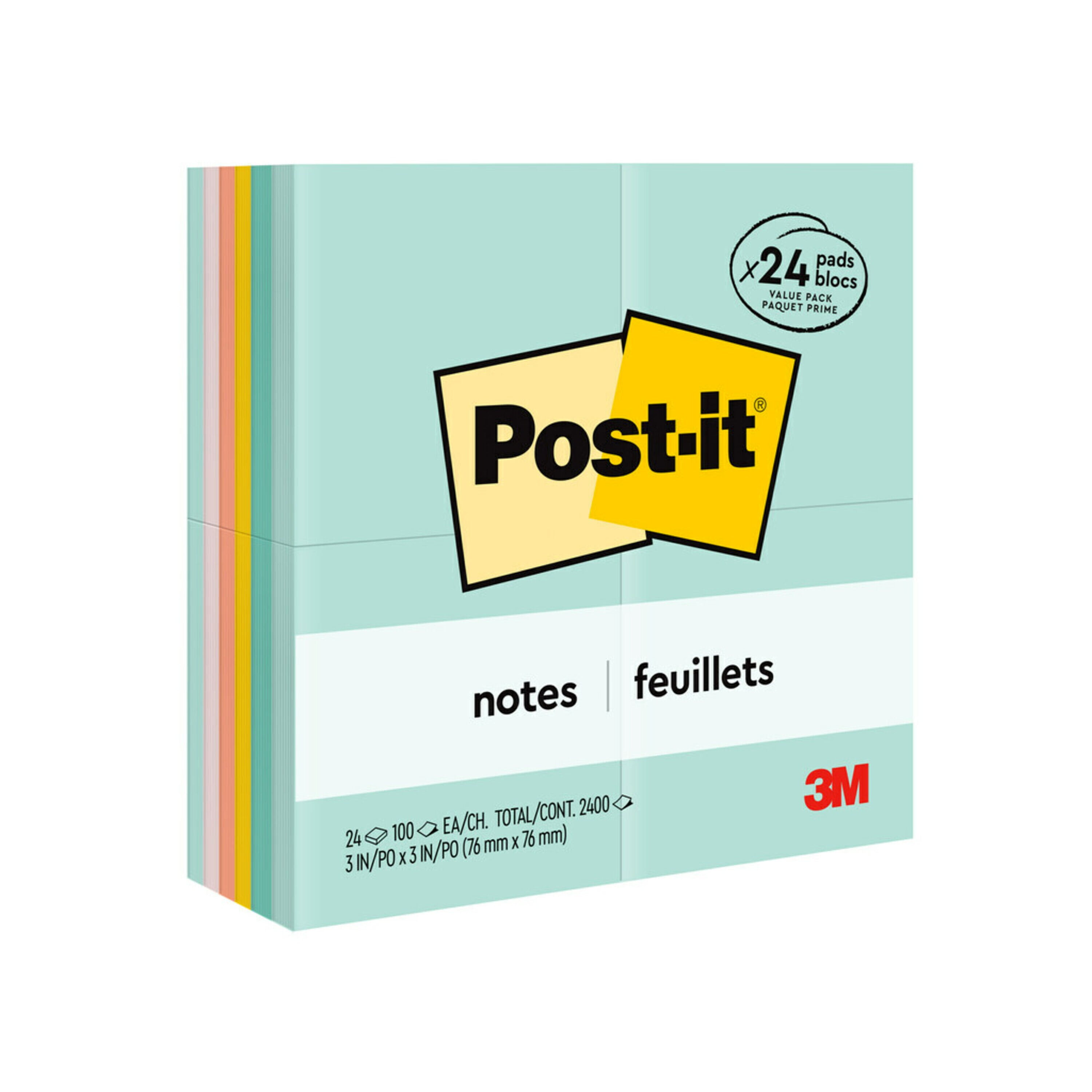 Postit Notes Value Pack, 3 in x 3 in, Marseille Collection, 24 Pads