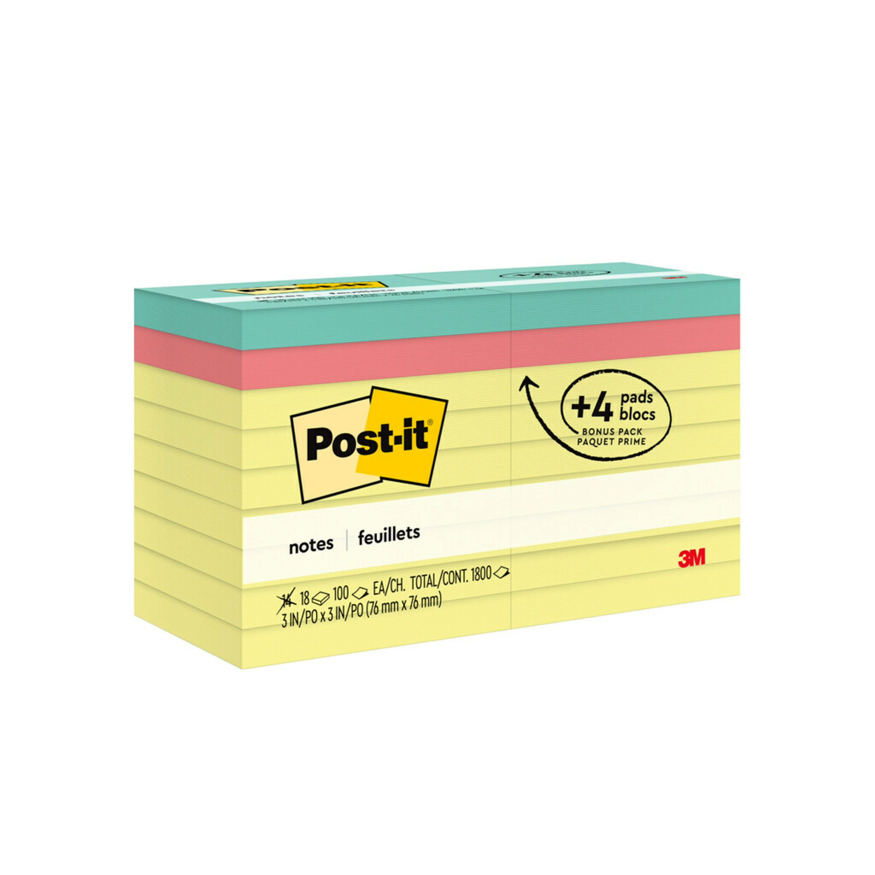 Postit Notes Value Pack, 3" x 3", Canary Yellow, 18 Pads