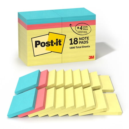 Post-it Notes Value Pack, 3" x 3", Canary Yellow, 18 Pads