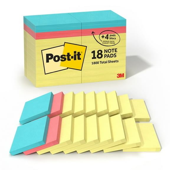 Post-it Notes Value Pack, 3" x 3", Canary Yellow, 18 Pads