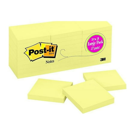 Post-it Original Note Pads, 3 x 3 in.,Yellow, 100 Sheets/Pad, 27 Count