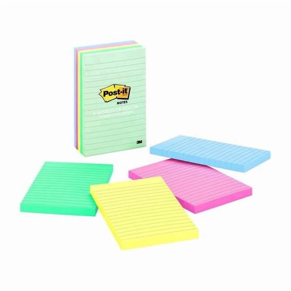 Post-it Original Pads in Beachside Cafe Collection Colors, Note Ruled, 4" x 6", 100 Sheets Per Pad, 5 Pads Per Pack