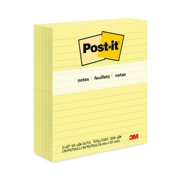 Post-it Original Pads in Canary Yellow, Note Ruled, 3" x 5", 100 Sheets Per Pad, 12 Pads Per Pack