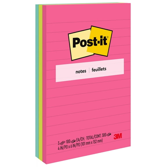 Post-it Original Pads in Poptimistic Collection Colors, Note Ruled, 4" x 6", 100 Sheets Per Pad, 3 Pads Per Pack