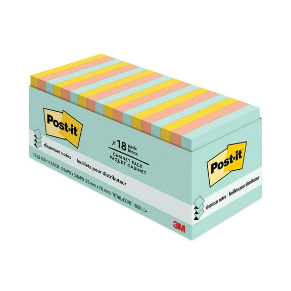 Post-it Original Pop-up Refill, 3" x 3", Beachside Cafe Collection Colors, 100 Sheets Per Pad, 18 Pads Per Pack