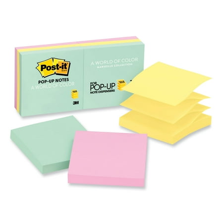 Post-it Original Pop-up Refill, 3" x 3", Beachside Cafe Collection Colors, 100 Sheets Per Pad, 6 Pads Per Pack