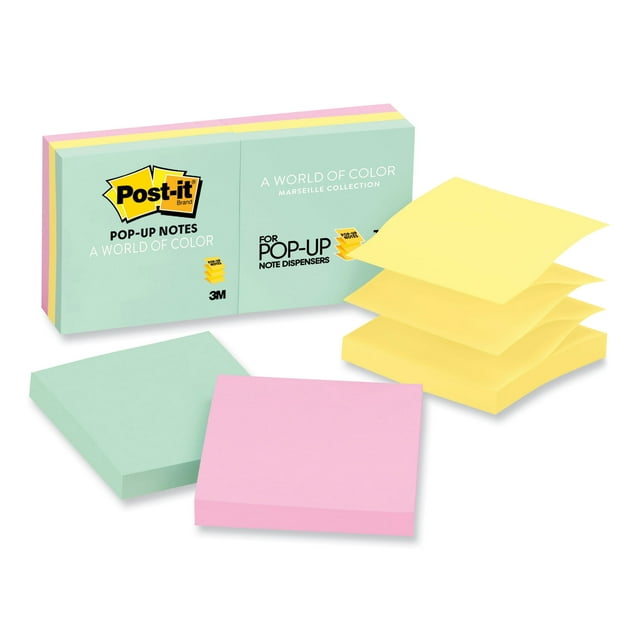 Post-it Original Pop-up Refill, 3" x 3", Beachside Cafe Collection Colors, 100 Sheets Per Pad, 6 Pads Per Pack