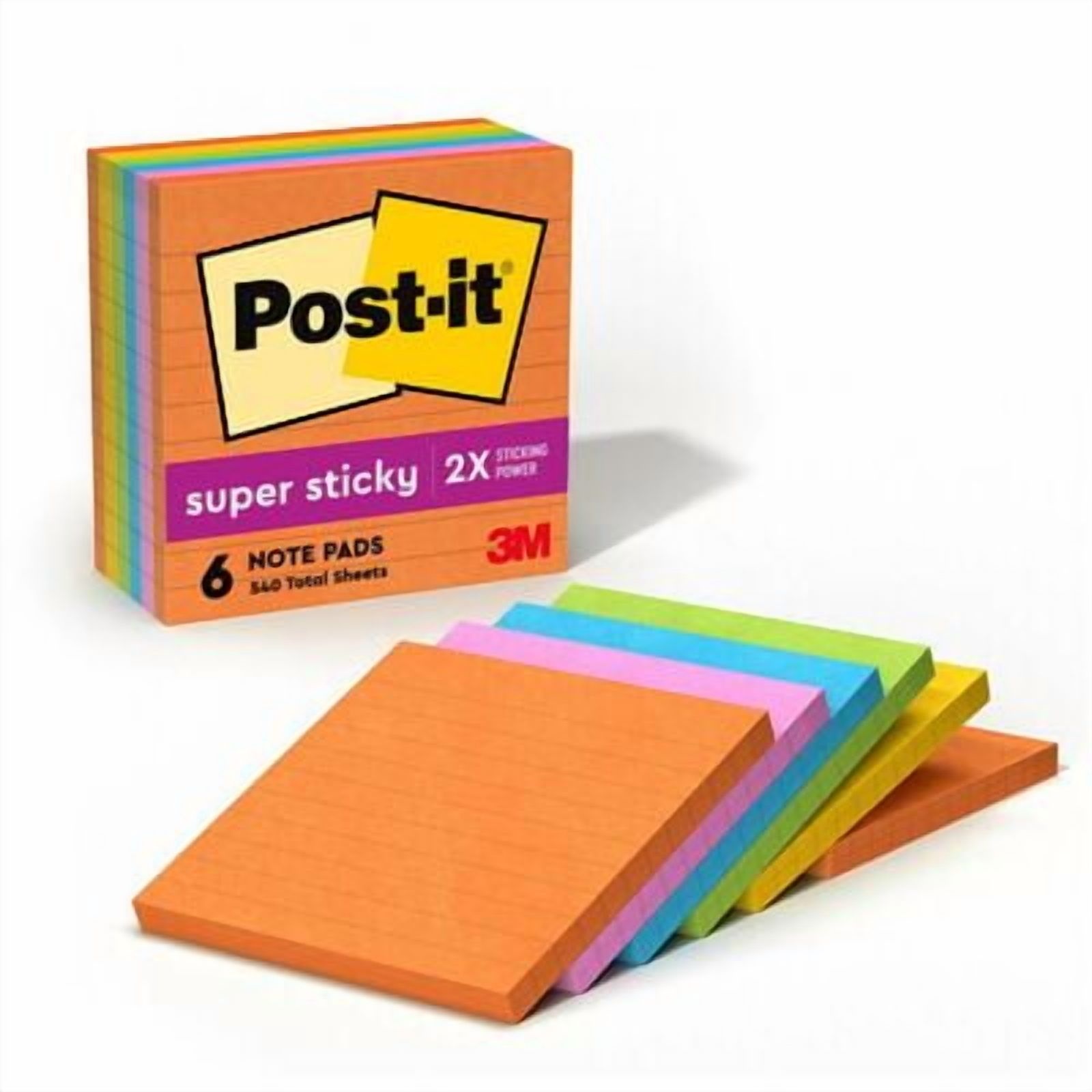 Post-it-1PK Pads In Energy Boost Collection Colors, Note Ruled, 4" X 4", 90 Sheets/Pad, 6 Pads/Pack