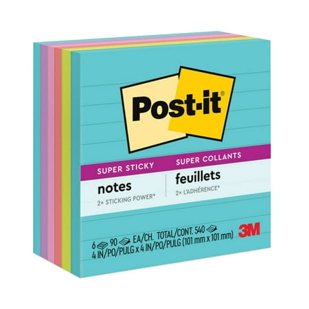 Post-it Pads in Supernova Neon Collection Colors, Note Ruled, 4" x 4", 90 Sheets Per Pad, 6 Pads Per Pack