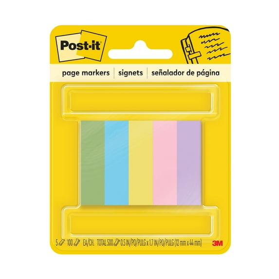 Post-it Page Marker, Assorted Colors, 1/2 in x 1-3/4 in, 5 Pads