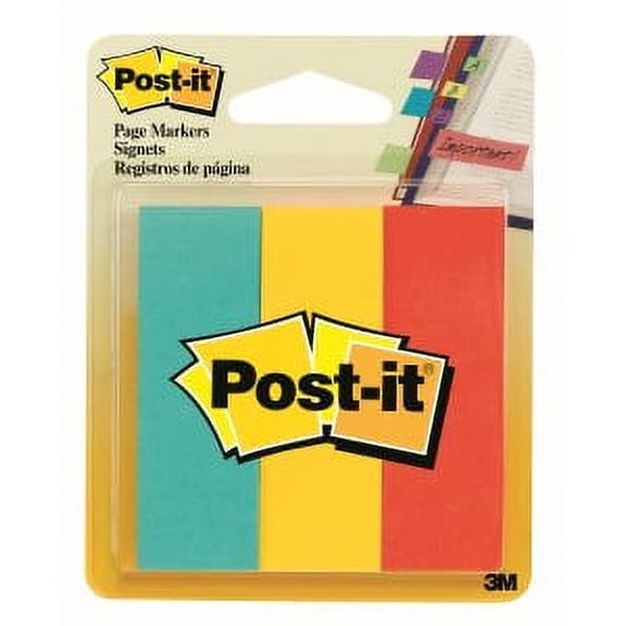 Post-it Page Markers 5222, 1 in x 3 in x in (22,2 mm x 73 mm), Assorted Colors, 3 Pads/Pack, 50 Sheets/Pad