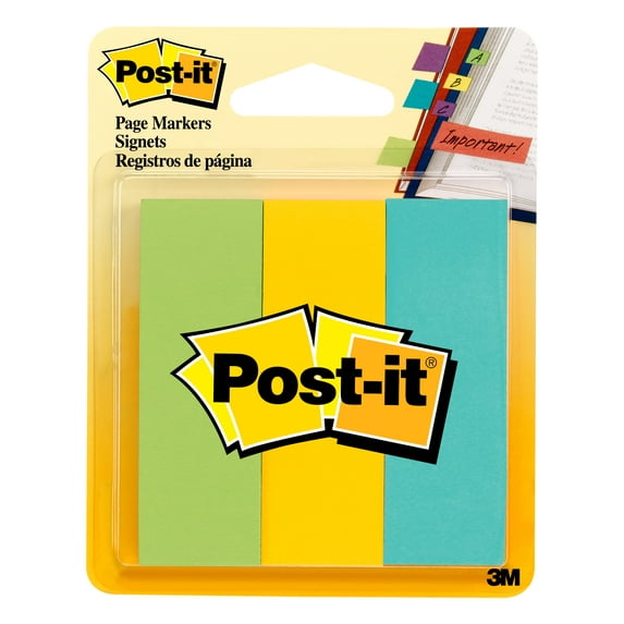 Post-it® Page Markers, Assorted Colors , 1 in. x 3 in., 50 Sheets/Pad, 3 Pads/Pack