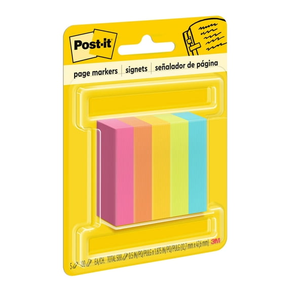 Post-it Page Markers, Assorted Colors , .5 in. x 1.875 in., 100 Sheets/Pad, 5 Pads/Pack