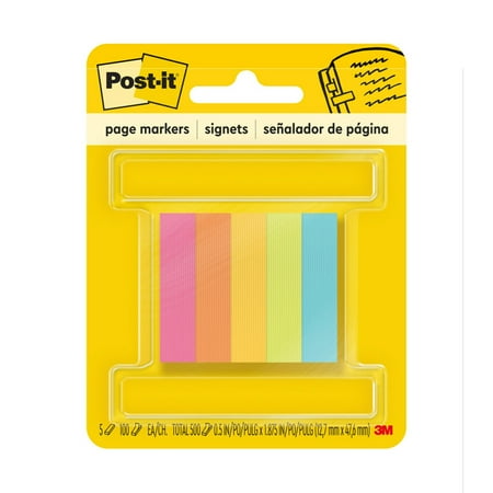 Post-it® Page Markers, Assorted Colors , .5 in. x 1.875 in., 100 Sheets/Pad, 5 Pads/Pack