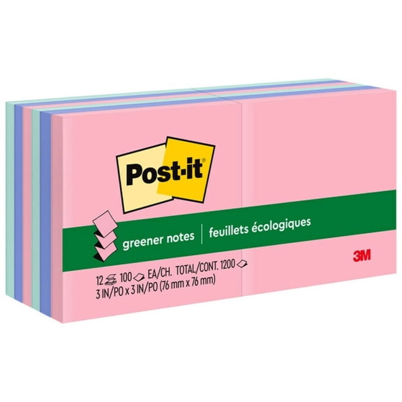 Post-it(R) 100% Recycled 3in. x 3in. Pop-up Notes, Sunwashed Pier Collection, 100 Notes Per Pad, 12 Pads, R330RP-12AP