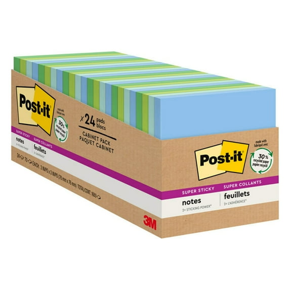Post-it® Recycled Super Sticky Notes, 3 in. x 3 in., Oasis Collection, 24 Pads/Pack