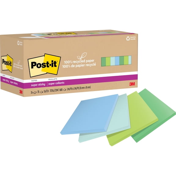 Post-it® Recycled Super Sticky Notes, 3 in. x 3 in., Oasis Collection, 24 Pads/Pack