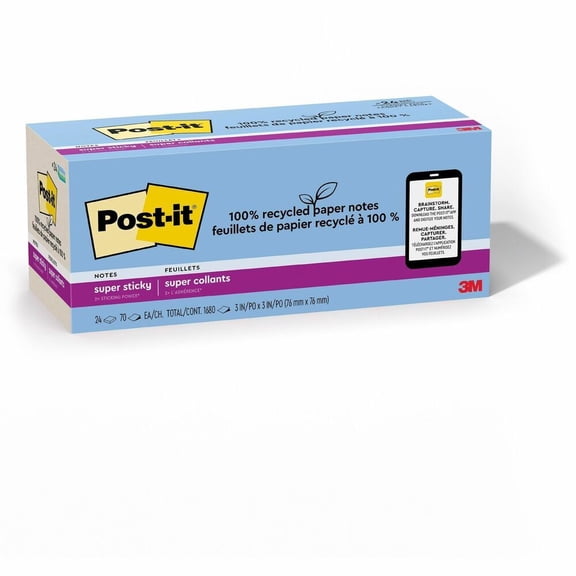 Post-it Recycled Super Sticky Notes, 3 in. x 3 in., Oasis Collection, 24 Pads/Pack