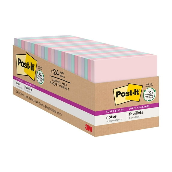 Post-it Recycled Super Sticky Notes, 3 in x 3 in, Wanderlust Pastels, 24 Pads