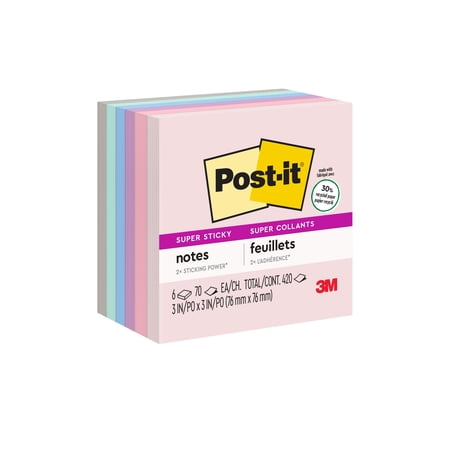 Post-it Recycled Super Sticky Notes, 3 in x 3 in, Wanderlust Pastels , 6 Pads