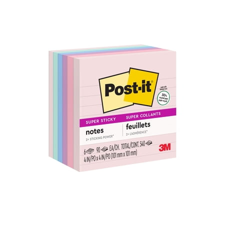 Post-it Recycled Super Sticky Notes, 4 in x 4 in, Wanderlust Pastels, Lined, 6 Pads